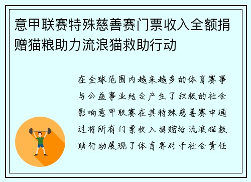 意甲联赛特殊慈善赛门票收入全额捐赠猫粮助力流浪猫救助行动