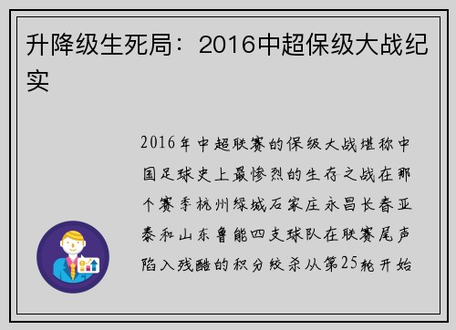 升降级生死局：2016中超保级大战纪实