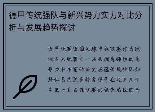 德甲传统强队与新兴势力实力对比分析与发展趋势探讨